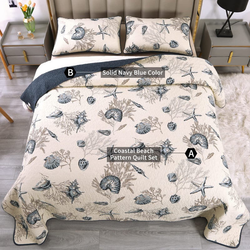 Comforbed أغطية سرير ساحلية مريحة بحجم كوين، مجموعة من 3 قطع بنمط قواقع نجمة البحر، أغطية سرير بموضوع الشاطئ، مجموعة أغطية سرير قطنية ناعمة مع أغطية وسائد، مجموعة أغطية سرير لجميع الفصول، 90x98 بوصة - Image 2